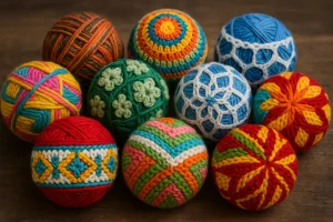 Colorful yarn balls representing global crochet styles